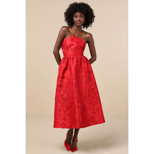Lulus Picturesque Icon Red Jacquard Lace-up Strapless Midi Dress - Size M